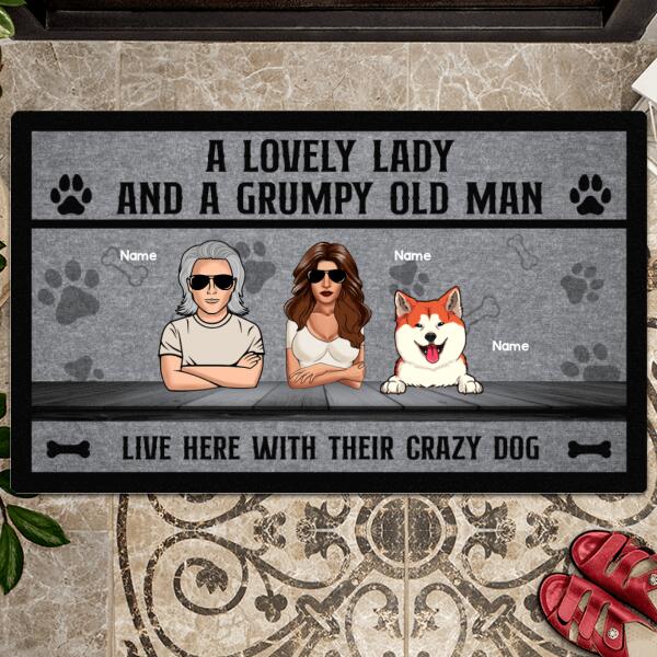 A Lovely Lady And A Grumpy Old Man Live Here With Their Crazy Dogs, Personalized Dog Breeds Doormat, Dog Lovers Gifts