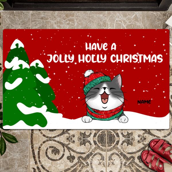 Personalized Cat Christmas Doormat, Have A Jolly Holly Christmas, Cat Lover Gift, Custom Doormat, Housewarming Gift