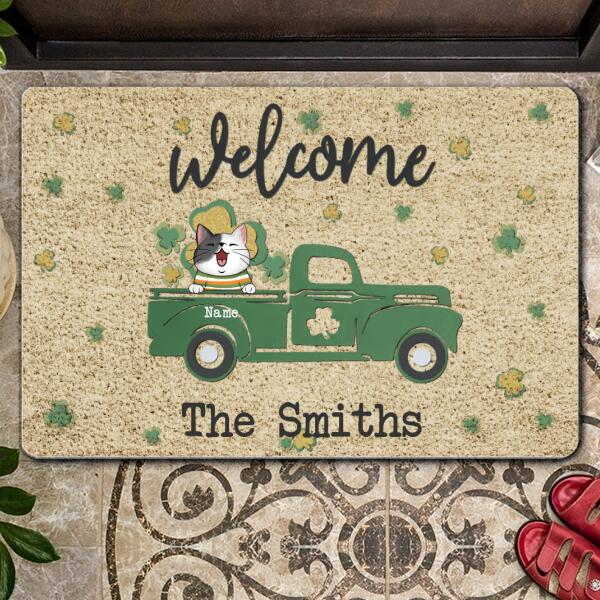 Welcome, Green & Yellow Shamrock, Personalized Cat Breeds Doormat, St. Patrick Day Home Decor, Gifts For Cat Lovers