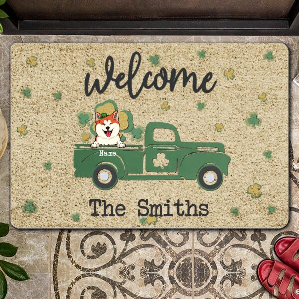 Welcome, Green & Yellow Shamrock, Personalized Dog Breeds Doormat, St. Patrick Day Home Decor, Gifts For Dog Lovers