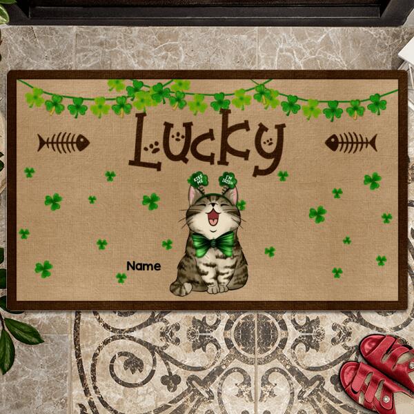 Lucky, Fish Bone & Shamrock Doormat, Personalized Cat Breeds Doormat, St. Patrick Day Home Decor, Gifts For Cat Lovers