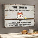 Backyard Bar & Grill Proudly Serving Whatever You Bought, Personalized Dog & Cat Canvas, Wall Decor, Pet Lovers Gifts