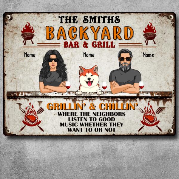 Backyard Bar & Grill, Couple & Dogs, Personalized Dog Breeds Metal Sign, Gifts For Dog Lovers, Outdoor Decor