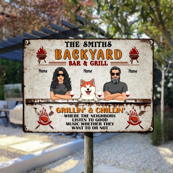 Backyard Bar & Grill, Couple & Dogs, Personalized Dog Breeds Metal Sign, Gifts For Dog Lovers, Outdoor Decor