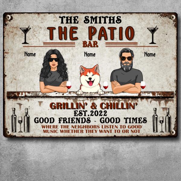 The Patio Bar, Wine Sign, Couple & Dogs, Personalized Dog Breeds Metal Sign, Gifts For Dog Lovers, Outdoor Decor