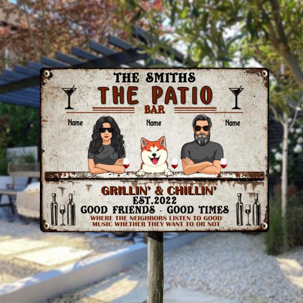 The Patio Bar, Wine Sign, Couple & Dogs, Personalized Dog Breeds Metal Sign, Gifts For Dog Lovers, Outdoor Decor