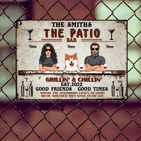 The Patio Bar, Wine Sign, Couple & Dogs, Personalized Dog Breeds Metal Sign, Gifts For Dog Lovers, Outdoor Decor