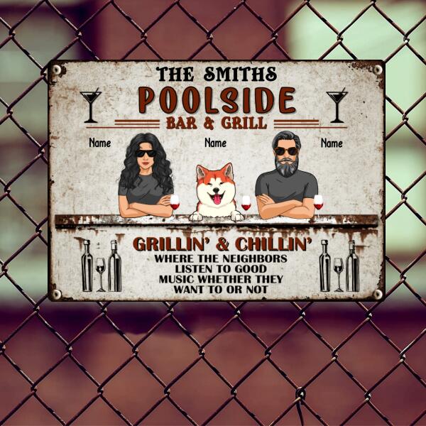 Poolside Bar & Grill, Wine Sign, Couple & Dogs, Personalized Dog Breeds Metal Sign, Dog Lovers Gifts, Pool Decor