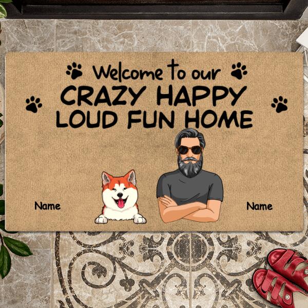 Welcome To Our Crazy Happy Loud Fun Home, Cool Family Gift, Funny Welcome Mat, Personalized Dog & Cat Lovers Doormat