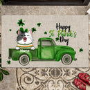 Happy St. Patrick's Day, The Green Car & Shamrock, Welcome Mat, Housewarming Gift, Personalized Cat Lovers Doormat