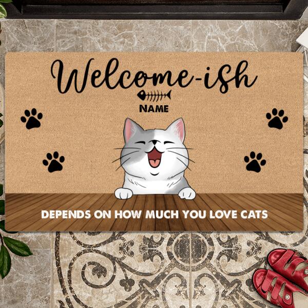 Welcome-ish Depends On How Much You Love Cats, Black Pawprints, Personalized Cat Breeds Doormat, Gifts For Cat Lovers