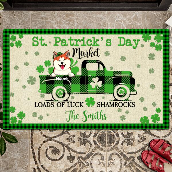 St Patrick's Day, Pets On Plaid Car & Shamrocks, Welcome Mat, Housewarming Gift, Personalized Dog & Cat Lovers Doormat
