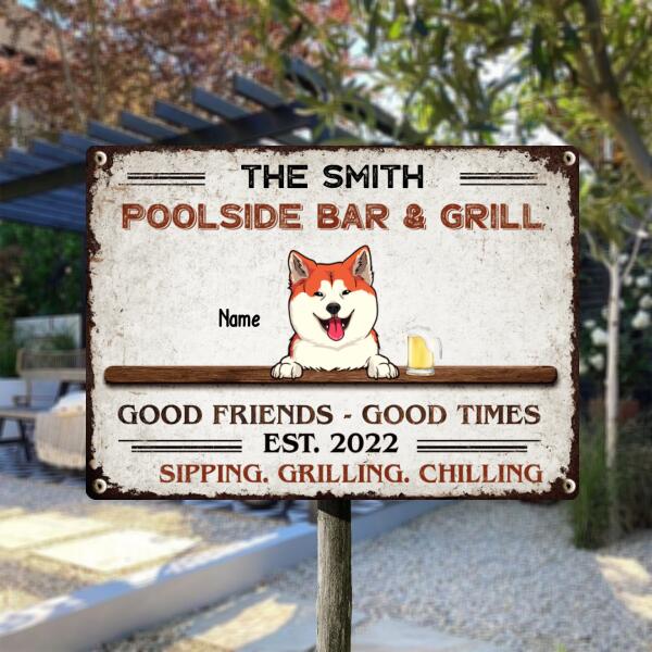 Poolside Bar & Grill Good Friends Good Times, Personalized Dog & Cat Metal Sign, Gifts For Pet Lovers, Pool Decor