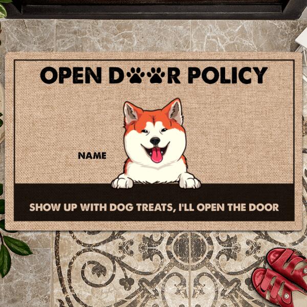 Open Door Policy Show Up Dog Treats We'll Open The Door, Personalized Dog Breeds Doormat, Dog Lovers Gifts, Home Decor