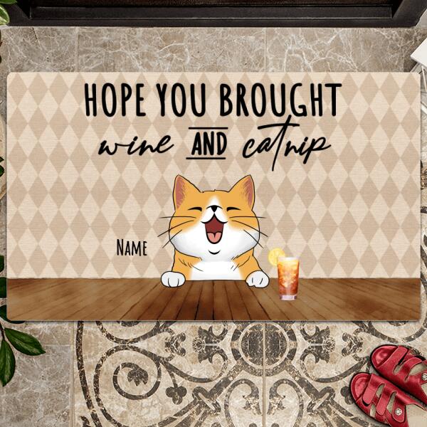 Hope You Brought Wine & Catnip, Diamond Pattern Doormat, Personalized Cat Breeds Doormat, Home Decor, Cat Lovers Gifts