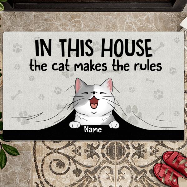 Personalized Funny Pet Welcome Doormat, The Cats Make The Rules Mat, Cute Cat Welcome Mat, Gift For New Home