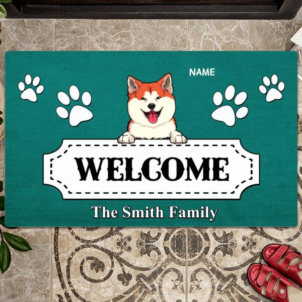 Welcome, White Pawprints, Personalized Dog Breeds Doormat, Gifts For Dog Lovers, Home Decor