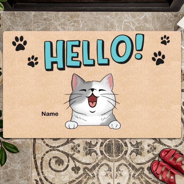 Hello. Black Pawprints, Pink Doormat, Personalized Cat Breeds Doormat, Gifts For Cat Lovers, Home Decor