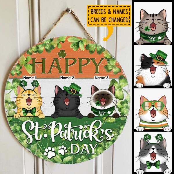 Happy St. Patrick's Day, Shamrock Background, Personalized Cat Breeds Door Sign, Cat Lovers Gifts, Holiday Home Decor