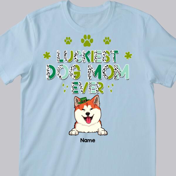 Luckiest Dog Mom Ever, Leopard T-shirt, Personalized Dog Breeds T-shirt, St. Patrick Day Gifts For Dog Moms