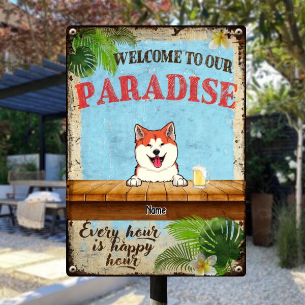 Welcome To Our Paradise, Hawaii Style Sign, Personalized Dog & Cat Metal Sign, Gifts For Pet Lovers, Outdoor Decor