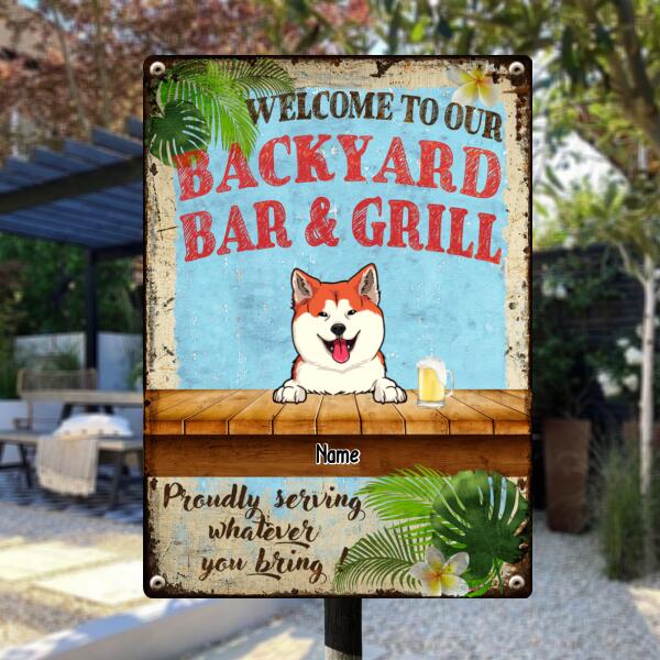 Welcome To Our Backyard Bar & Grill, Hawaii Style Sign, Personalized Dog & Cat Metal Sign, Gifts For Pet Lovers