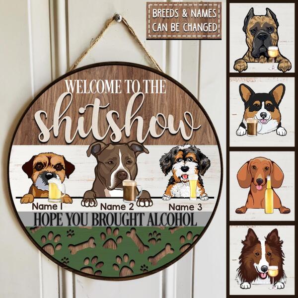 Welcome To The Shitshow, Wooden Pawprints Door Hanger, Personalized Dog Breeds Door Sign, Front Door Decor