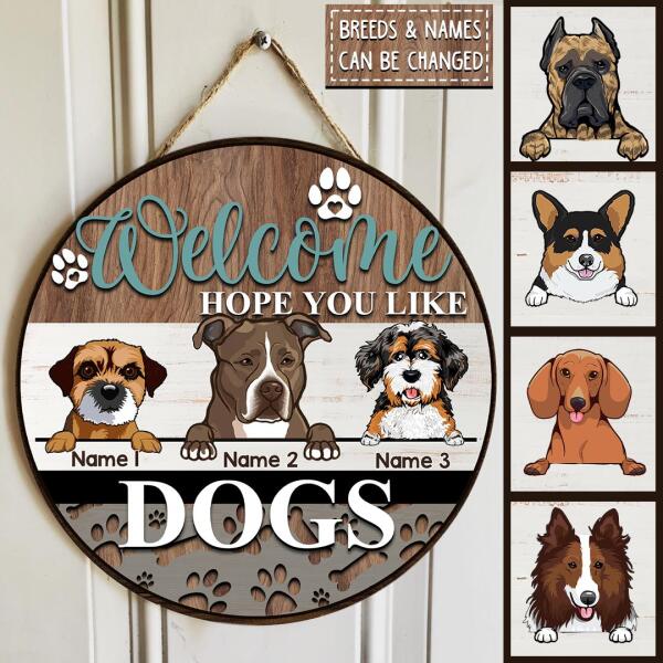 Welcome Hope You Like Dogs, Wooden Pawprints Door Hanger, Personalized Dog Breeds Door Sign, Front Door Decor