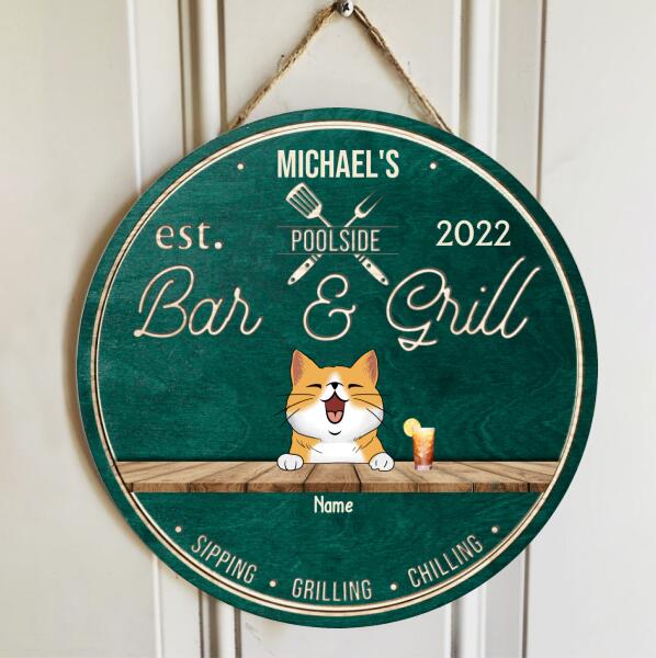 Poolside Bar & Grill, Wooden Door Hanger, Personalized Dog & Cat Door Sign, Front Door Decor, Gifts For Pet Lovers