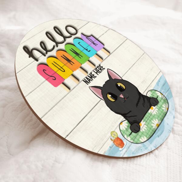 Hello Summer - Cats on Float - Personalized Cat Door Sign