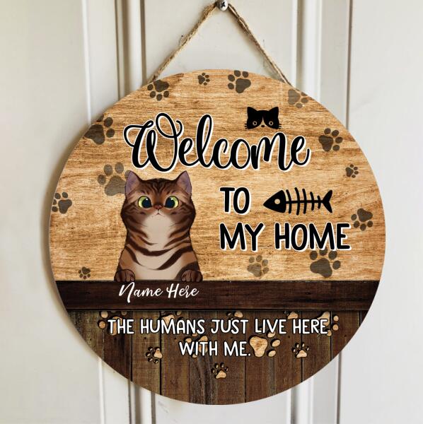 Welcome To Our Home - Personalized Cat On Wooden Door Sign