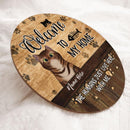 Welcome To Our Home - Personalized Cat On Wooden Door Sign