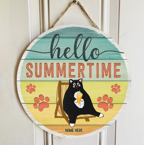 Hello Summer Time - Cats and Deckchair - Personalized Cat Door Sign