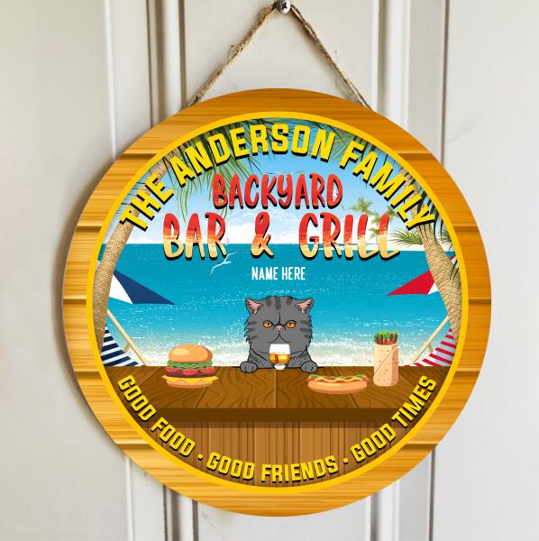 Backyard Bar and Grill - Burger, Hot Dog, Burrito - Personalized Cat Door Sign