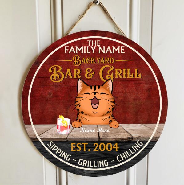 Backyard Bar And Grill - Laughing Cats And Beverage - Personalized Cat Door Sign