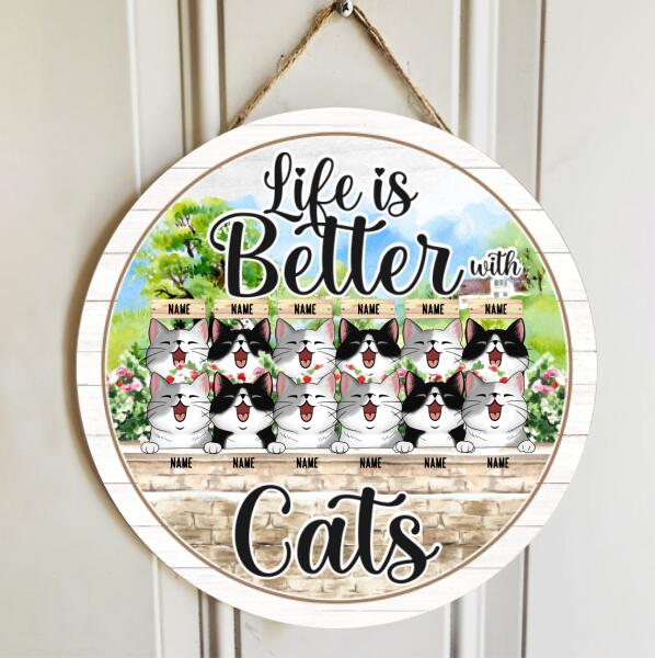 Life Is Better With Cats - Flowers Garden - Personalized Cat Door Sign