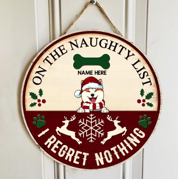 On The Naughty List We Regret Nothing, Paw, Bones, Snow, Reindeer On The Yellow And Wine Color Background, Personalized Dog Lovers Christmas Door Sign