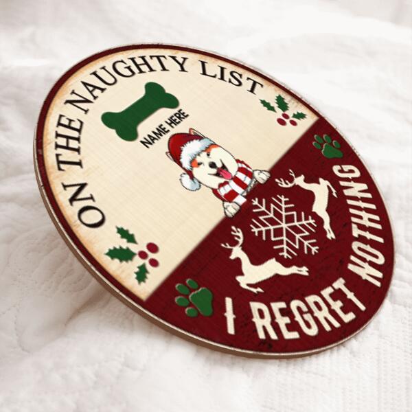 On The Naughty List We Regret Nothing, Paw, Bones, Snow, Reindeer On The Yellow And Wine Color Background, Personalized Dog Lovers Christmas Door Sign