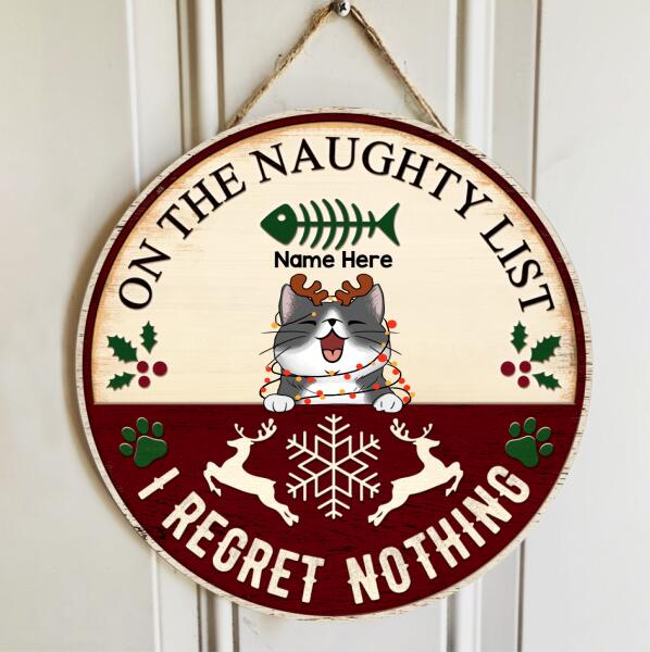 On The Naughty List We Regret Nothing, Paw, Bones, Snow, Reindeer On The Yellow And Wine Color Background, Personalized Cat Lovers Christmas Door Sign