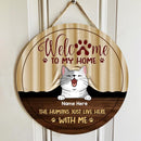 Welcome To Our Home - Humans Live Here With Laughing Cats - Personalized Cat Door Sign