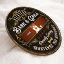 Backyard Bark & Grill Proudly Serving Whatever You Brought, Vintage Door Hanger, Personalized Dog Breeds Door Sign