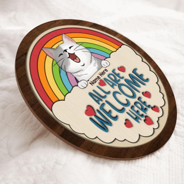 All Are Welcome Here - LGBT Rainbow - Personalized Cat Door Sign