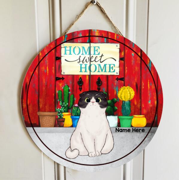 Home Sweet Home - Cats Front Red Door With Cactus - Personalized Cat Door Sign