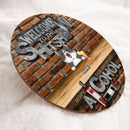Welcome To The Shitshow Hope You Brought Alcohol, Brick Wall & Wine Door Hanger, Personalized Cat Breeds Door Sign
