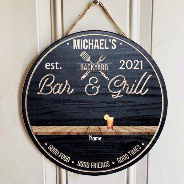 Backyard Bar & Grill, Good Food, Good Friends, Good Times, Custom Background Color, Personalized Dog & Cat Breeds Door Sign