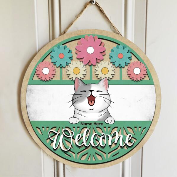 Welcome - Wood Carving Flowers - Personalized Cat Door Sign