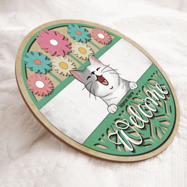 Welcome - Wood Carving Flowers - Personalized Cat Door Sign
