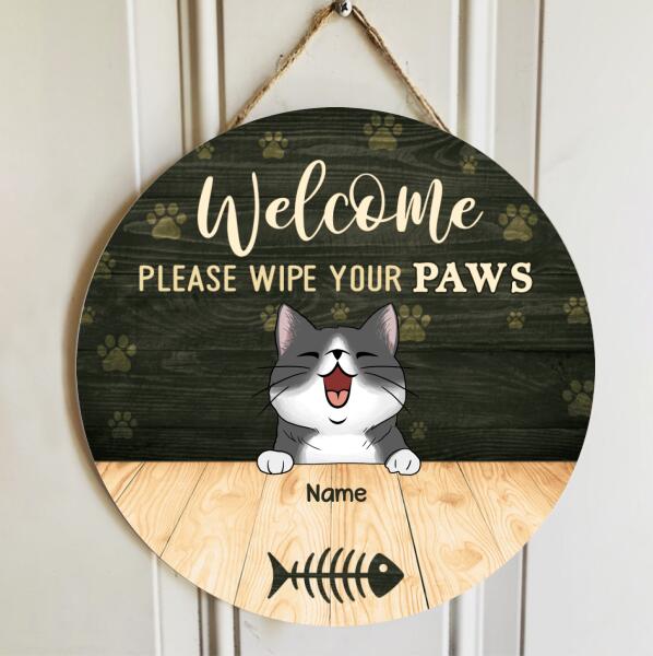 Welcome Please Wipe Your Paws, Green Pawprints Rustic Door Hanger, Personalized Cat Breeds Door Sign, Housewarming Gift