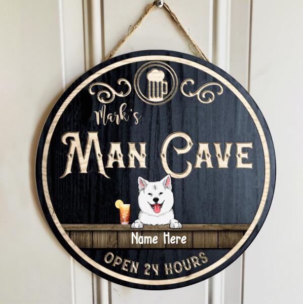 Man Cave Open 24 Hours, Black Background, Funny Gift For Dog Lovers, Personalized Dog Door Sign