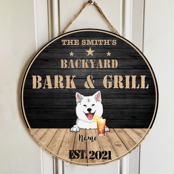 Dog Backyard Bar & Grill Sign, Backyard Home Wreath Black Background, Personalized Dog Breed Door Sign